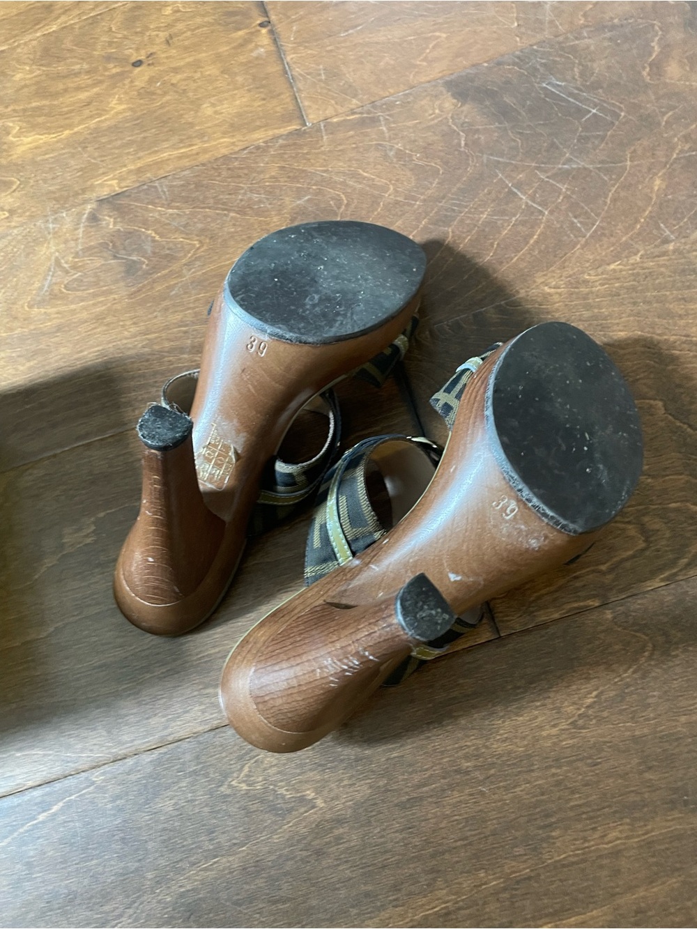 Fendi Brown Green Monogram Wood-Heel Mules - Picture 4 of 4